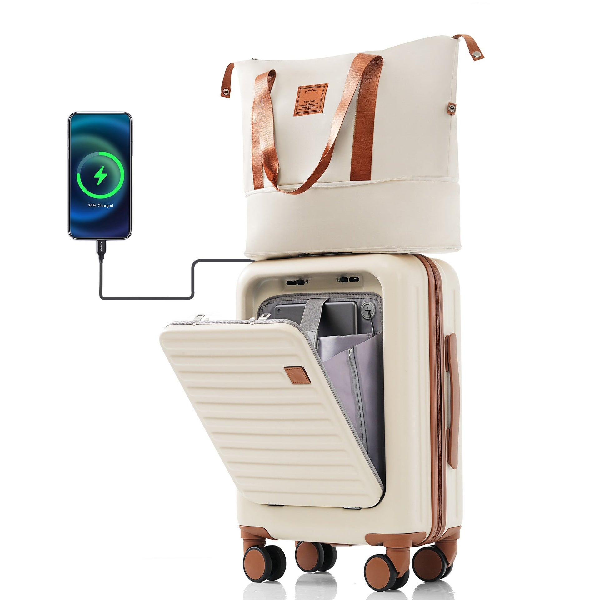 Front Opening 20-Inch Carry-On Luggage with Expandable Travel Bag Set, ABS Hard Shell Two-piece suitcase set with USB Port , Cup Holder, ivory and brown
