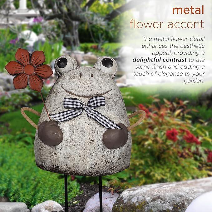 Alpine Corporation MCC860 Indoor/Outdoor Frog with Flower Garden Statue, Stone Finish Frog Statue for Yard, 24