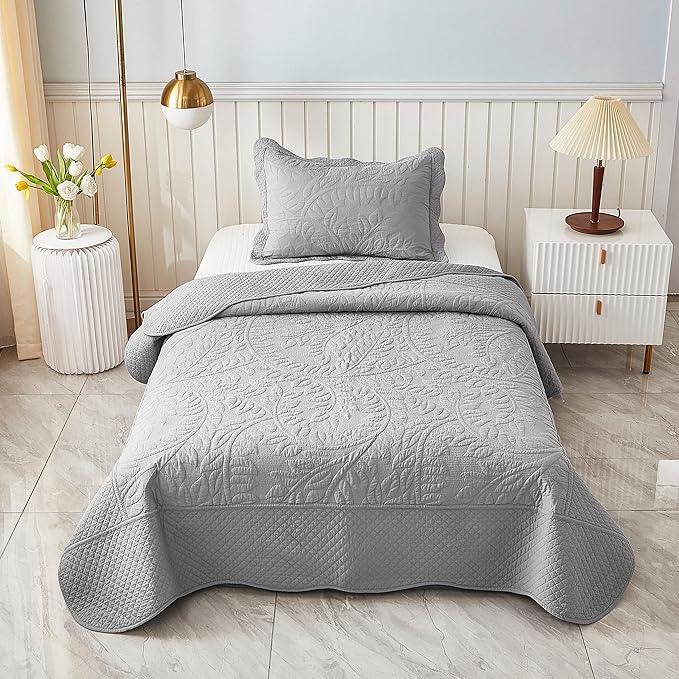 MarCielo 3-Piece 100% Cotton Oversized Bedspread Lightweight Quilt Coverlet Embroidery Farmhouse Bedding Set T0 (Light Grey, Twin (68