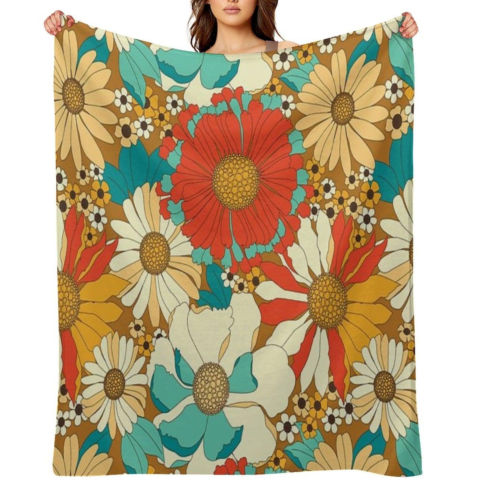 Red, Orange, Turquoise & Brown Retro Floral Pattern Throw Blanket