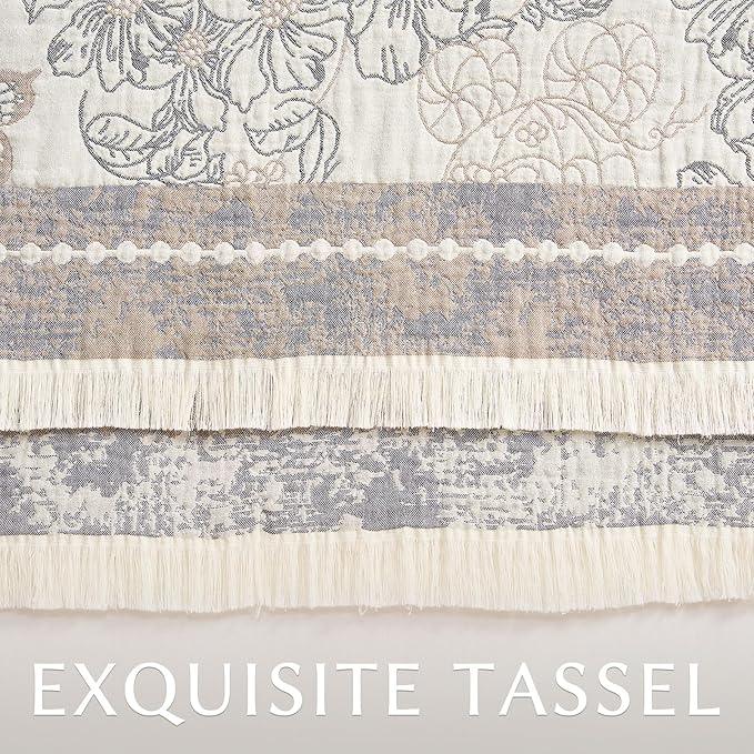 jinchan Boho Floral 100% Cotton Blanket 4-Layer Throw Blanket with Tassel Grey and White Flower Butterfly Soft Luxury Rustic Farmhouse Decor Blanket for Couch Bed 60x80 inch All Season Gift for Women