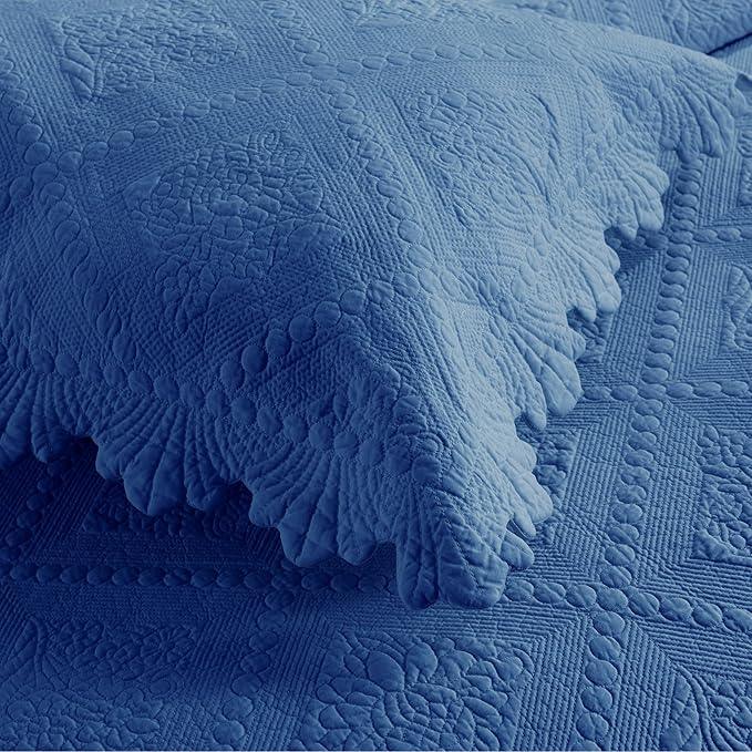 MarCielo 3-Piece 100% Cotton Oversized Bedspread Lightweight Quilt Coverlet Embroidery Farmhouse Bedding Set (Tk Midtone Blue, Oversized Queen (100
