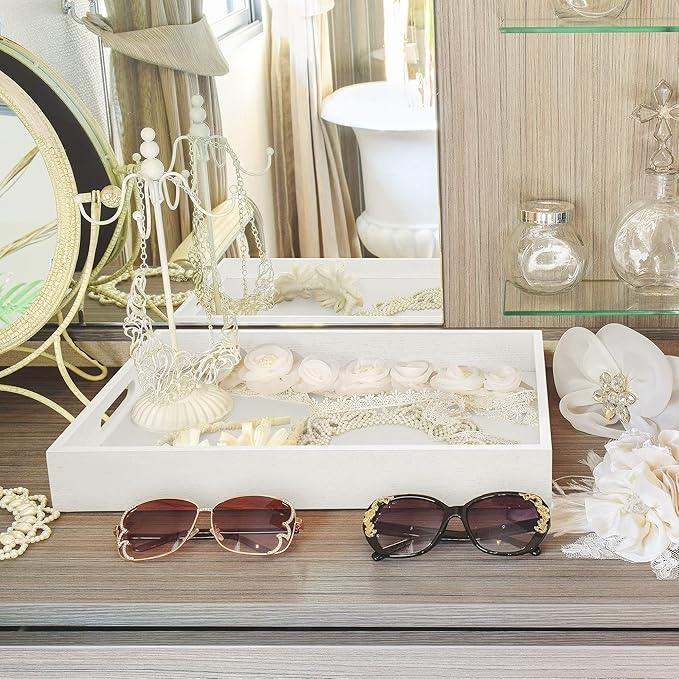 Wood Serving Tray with Handles, Home Decorative Wooden Rectangle Ottoman Decor Platter Vanity Tray for Breakfast Dinner Drinks Kitchen Dining Living Bathroom Restaurants White