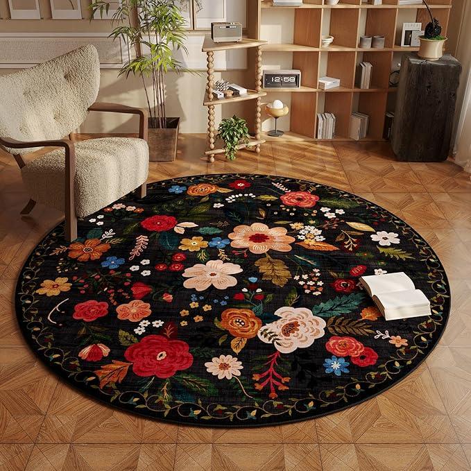 Round Rug 6ft Washable Circle Rug Non Slip Low Pile Boho Floral Small Circular Rug for Bedroom, Bathroom, Entryway, Kids Room, Office, College Dorm(Black)