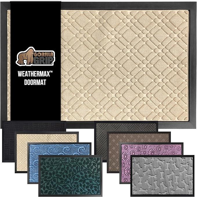 GORILLA GRIP 100% Waterproof All-Season WeatherMax Doormat US Designed Natural Rubber, Stain and Fade Resistant, Low Profile Indoor Outdoor Door Mats, Easy Clean Patio Mat, 17x29, Modern Latte