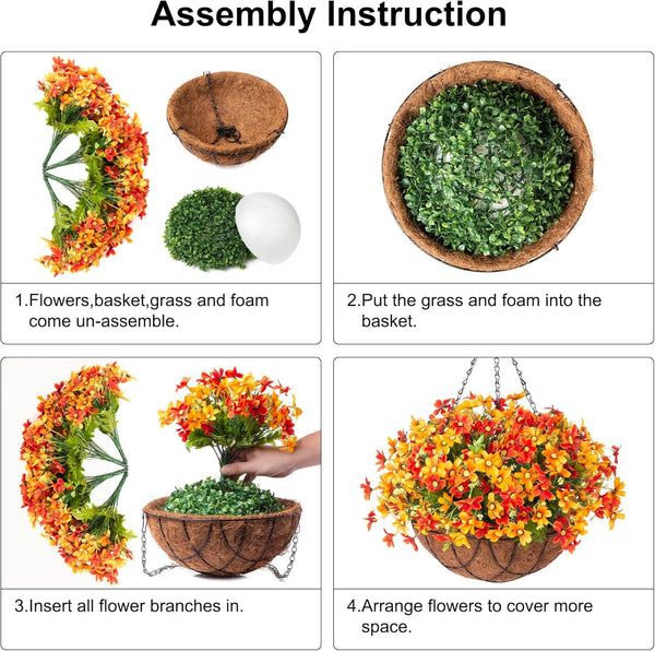Artificial Silk Flowers Hanging Baskets Outdoors,Chrysanthemum with Eucalyptus Leaves Arrangement for Garden Yard Decor,Faux Plant in Metal Coconut Lining Flowerpot(Orange)