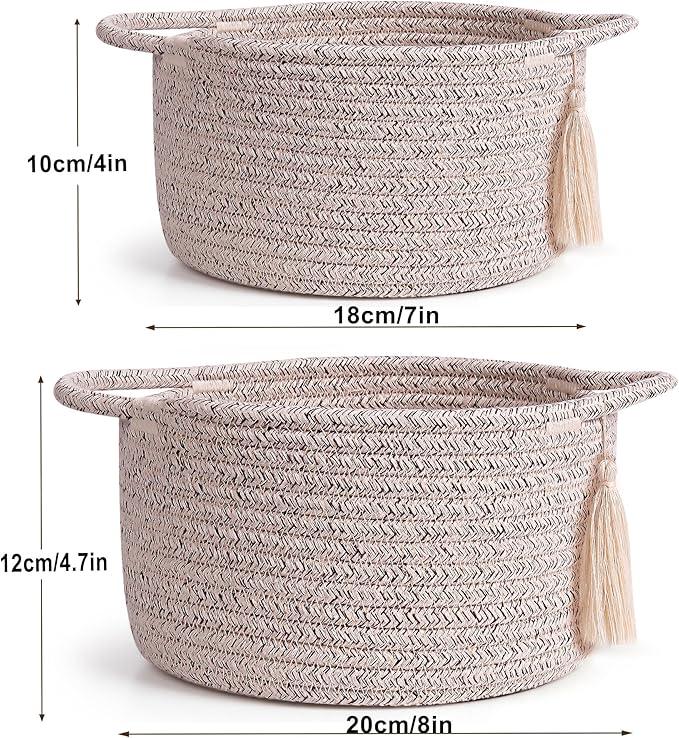 Small Soft Organizer Baskets，Decorative Mini Round Woven Rope Storage Bin Empty Gift Baskets for Man，Office, Desk Decor, Gifting, Kids, Toys, Pre Shaped, Brown, 2 Pack