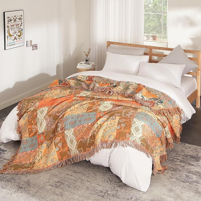 Boho Throw Blanket for Bed 60”x80”, 100% Cotton Woven Blanket for Couch Sofa, Ultra Soft 4-Layer Muslin Quilt with Patchwork Floral Printed, Farmhouse Bed Blanket/Cover for Living Room Decor