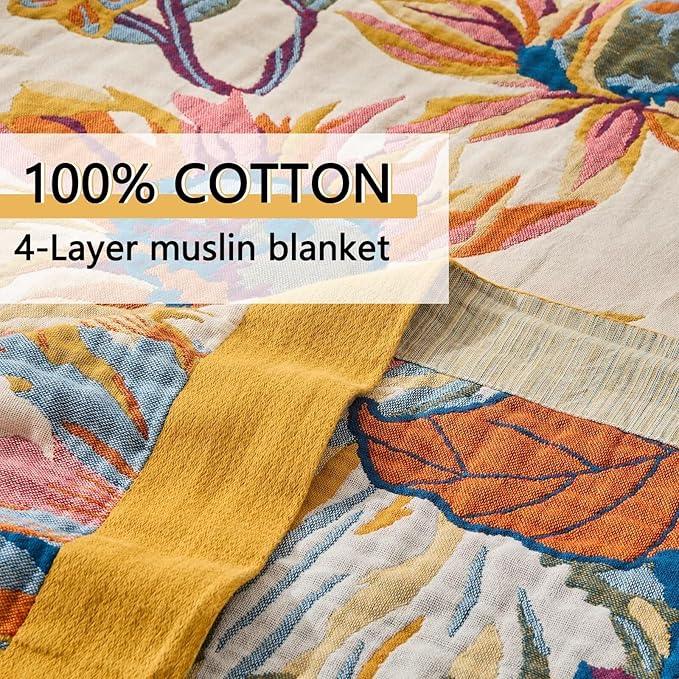 100% Muslin Throw Blanket for Couch, Butterfly and Floral Double Embroidery Summer Throw Blanket 60