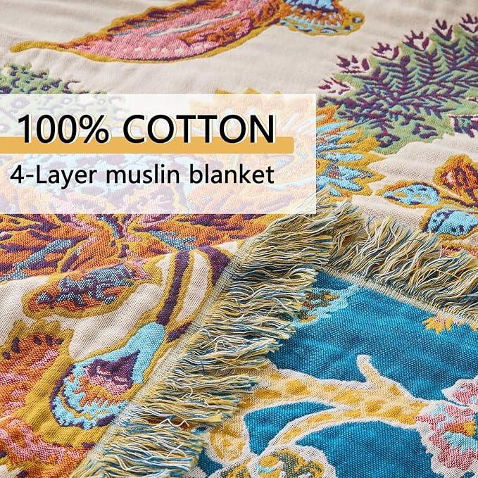 100% Muslin Throw Blanket for Couch, Butterfly and Floral Double Embroidery Fall Throw Blanket 60