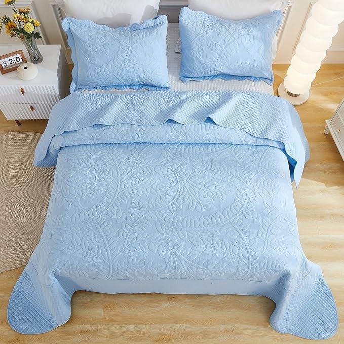 MarCielo 3-Piece 100% Cotton Oversized Bedspread Lightweight Quilt Coverlet Embroidery Farmhouse Bedding Set T0 (Light Blue, Oversized King (118