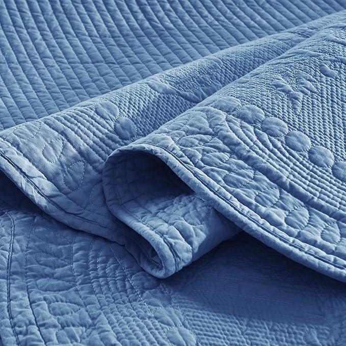 MarCielo 3-Piece 100% Cotton Oversized Bedspread Lightweight Quilt Coverlet Embroidery Farmhouse Bedding Set (TG Midtone Blue, Oversized King (118