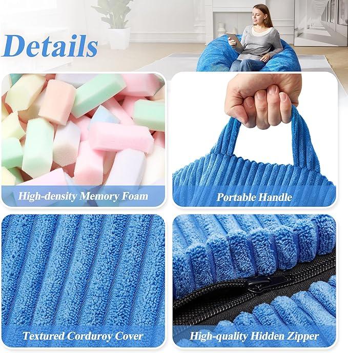 3.5FT Bean Bag Chairs Teardrop Bean Bag Chair for Adults Beanbag Chair with Memory Foam Filled Machine Washable Cover for Living Room, Bedroom (Large,Blue)