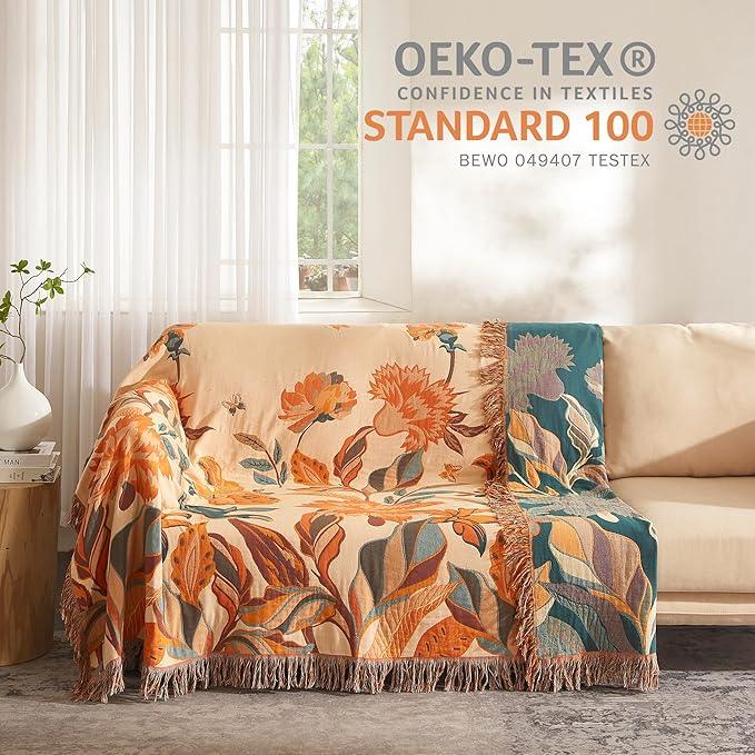 Boho Throw Blanket for Bed 60”x80”, 100% Cotton Woven Blanket for Couch Sofa, Ultra Soft 4-Layer Muslin Quilt with Floral Printed, Farmhouse Bed Blanket/Cover for Living Room Decor