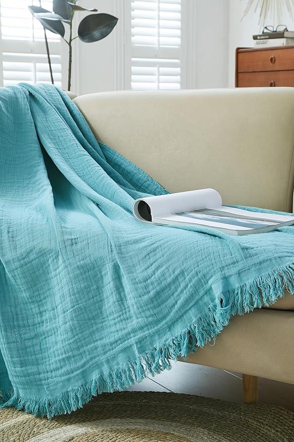 100% Cotton Muslin Throw Blanket for Bed, Couch, Small, Decorative, Soft, Pre-Washed, Breathable and Lightweight Gauze Blanket with Fringes, Suitable for All Seasons, Teal, 50