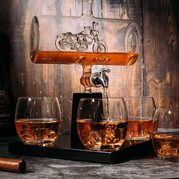 Motorcycle Decanter Whiskey & Wine Decanter Set 1100ml by The Wine Savant with 4 Whiskey Glasses, Motorcycle Gifts, Harley Davidson Motorbike Gifts, Drink Dispenser for Wine, Scotch, Bourbon 19