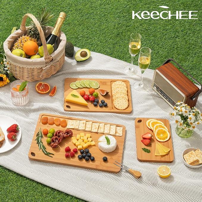 Wood Cutting Board for Kitchen - Reversible Bamboo Cutting Boards Gift Set of 3 with Juice Groove, Wooden Chopping Board for Meat, Fruit, Vegetables & Cheese (Pre Oiled, Natural)