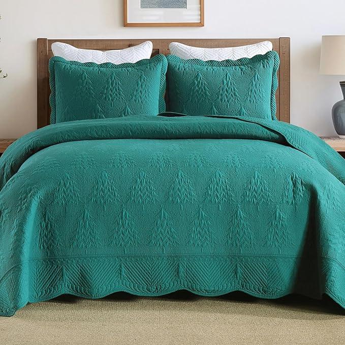 MarCielo 3-Piece Christmas Quilt 100% Cotton Oversized Bedspread Lightweight Coverlet Embroidery Christmas Tree Pattern Bedding Set(TC Emerald, Oversized King (118