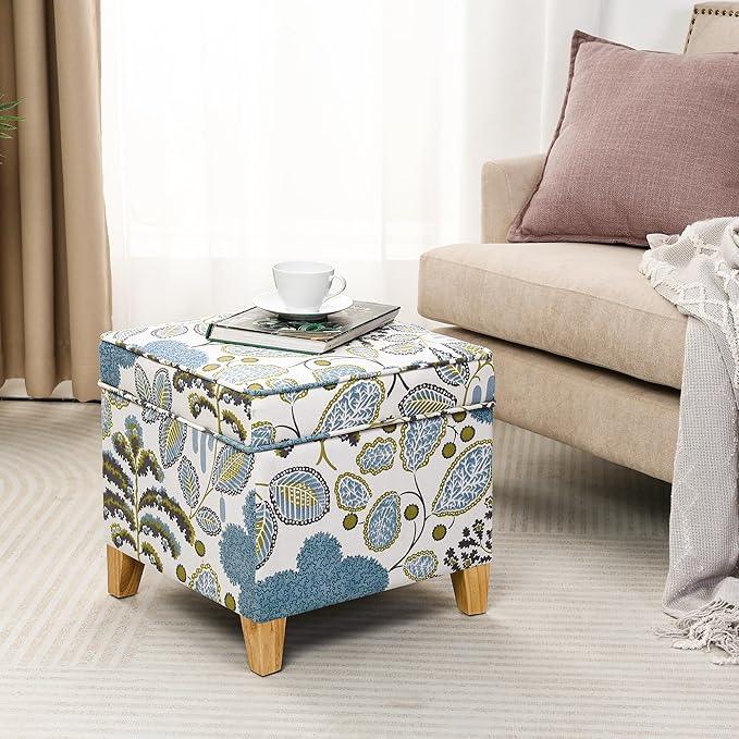Adeco 18 Inch High Cube Ottoman Storage, Linen Chair Foot Stools, Upholstered Vanity Stool with Hinged Lid, Solid Wood Legs (Blue Leaves)