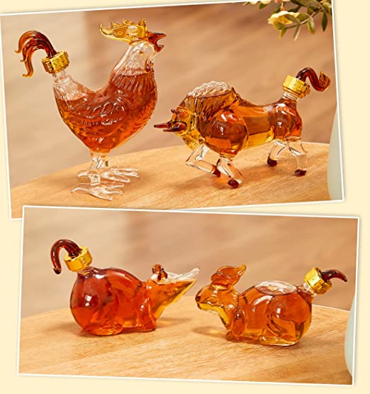 12 Chinese Zodiac Wine & Whiskey Decanter Set | Set of 12 Miniature Hand Blown Decanters | New Year Table Decoration, Constellation Glassware, Personalized Animal Red Wine Carafe Gift 150 ML