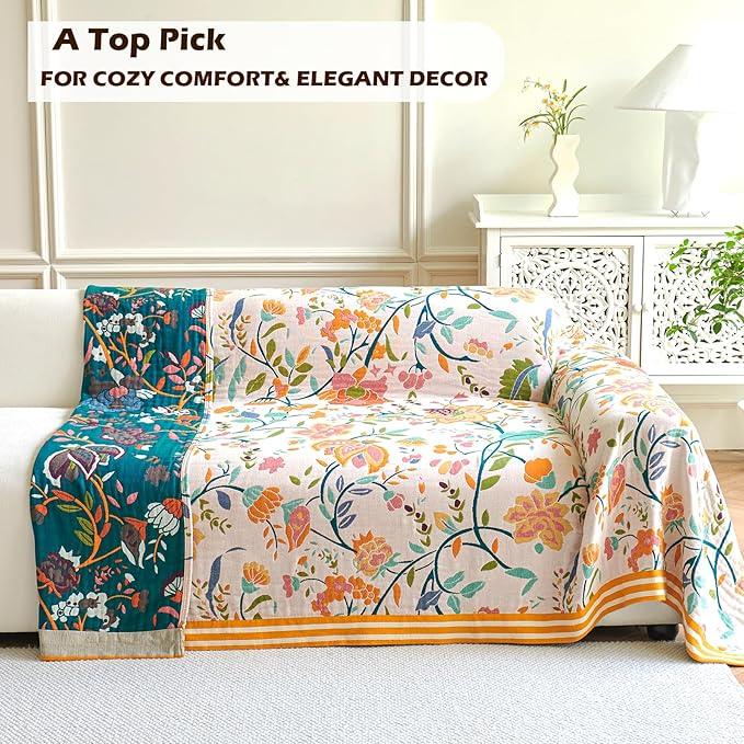 Boho Throw Blanket, 100% Organic Cotton Breathable Ultra Soft 80