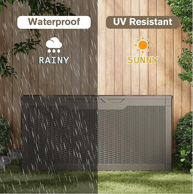 JUMMICO 100 Gallon Resin Deck Box, Waterproof Outdoor Storage Box with Lockable Lid for Garden Tools, Patio Cushions (Light Brown)