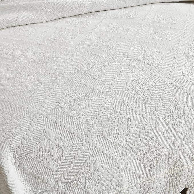 MarCielo 3-Piece 100% Cotton Oversized Bedspread Lightweight Quilt Coverlet Embroidery Farmhouse Bedding Set (TK White, Oversized Queen (100