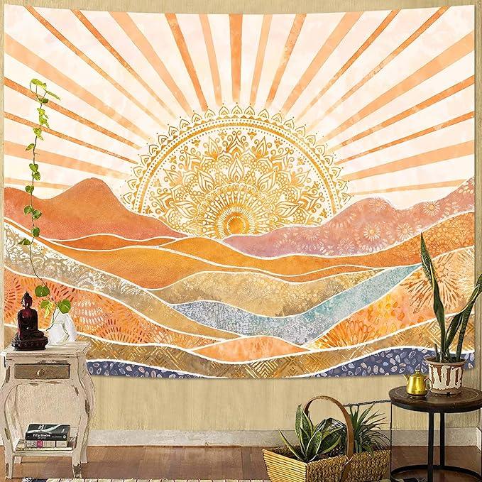 Lunerfex Bohemian Mandala Sunrise Wall Tapestry, Abstract Mountain Scenery Tapestries for Home Decor, Boho Tapestry 60x44 Inch