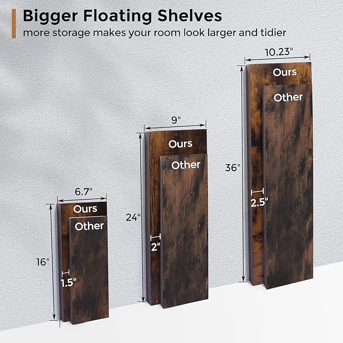 Floating Shelves - 2 Pack 9 Inch Rustic Wooden Wall Shelves - Extra Deeper & Thicker Wall Mounted Storage Shelf for Living Room, Kitchen, Farmhouse - 24