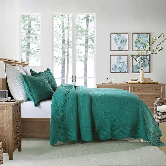 MarCielo 3-Piece Christmas Quilt 100% Cotton Oversized Bedspread Lightweight Coverlet Embroidery Christmas Tree Pattern Bedding Set(TC Emerald, Oversized King (118
