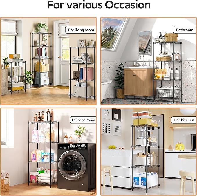 4 Tiers Shelf Metal Storage Shelves Wire Rack Closet Organizers with Wheel for Garage Kitchen Bathroom Laundry Black 11.8