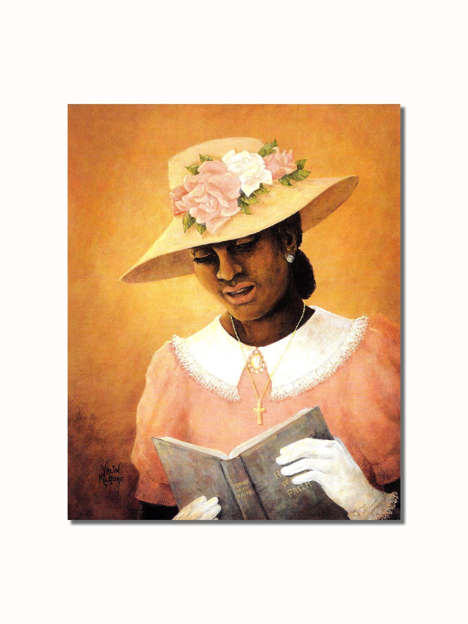 African American Art Print – Black Woman Praying with Flower Hat | 8x10 Wall Art