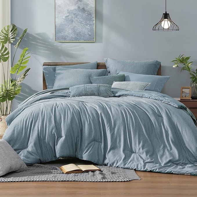 Monbix Queen Comforter Set - 7 Pieces Dusty Blue Cationic Dyeing Bed in a Bag Queen Bedding Sets with Sheets, Pillowcases & Shams, Reversible Bedding Comforters