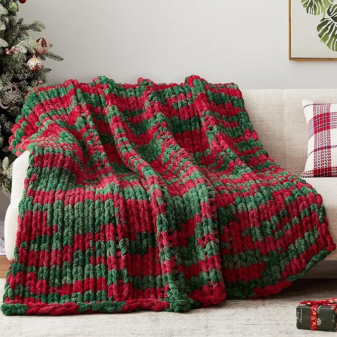Chunky Knit Throw Blanket, 40''*50'' Knitted Throw Chenille Yarn for Bed Couch, Handmade Stripe Crochet Big Thick Blanket, Machine Washable Cute Comfy Blanket for Home Decor