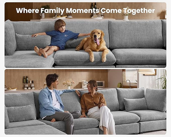 Oversized Modular Sofa, Extra Deep Cloud Chenille Sectional Couch with Ottoman Chaise, Fluffy Chenille 4 Seater Sofa for Living Room, Villa (Basic 4 Seater, Chenille Grey)