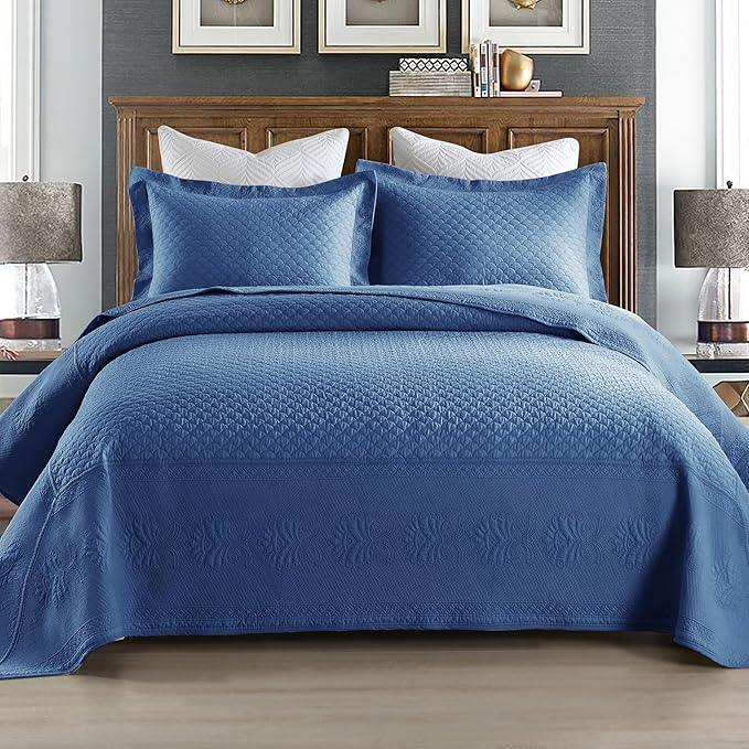 MarCielo 3-Piece 100% Cotton Oversized Bedspread Lightweight Quilt Coverlet Embroidery Farmhouse Bedding Set (TM Midtone Blue, Oversized King (118