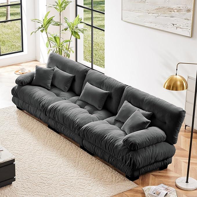 Modular Sectional Sofa Cloud Couch 3-Seater Deep Seat Sofa Couch, Oversized Couch Bed Sectional Couch with Round Bolster Armrests 5 Pillows, Modern Sofa Chair Comfy Couch(Gray)