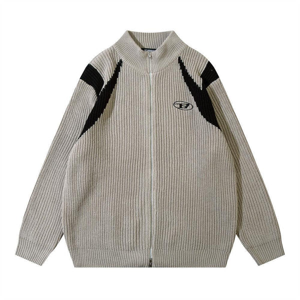 Color Block Zipper Cardigan Sweater Men's Autumn Street Style Stand Collar Long Sleeve Loose Knitwear