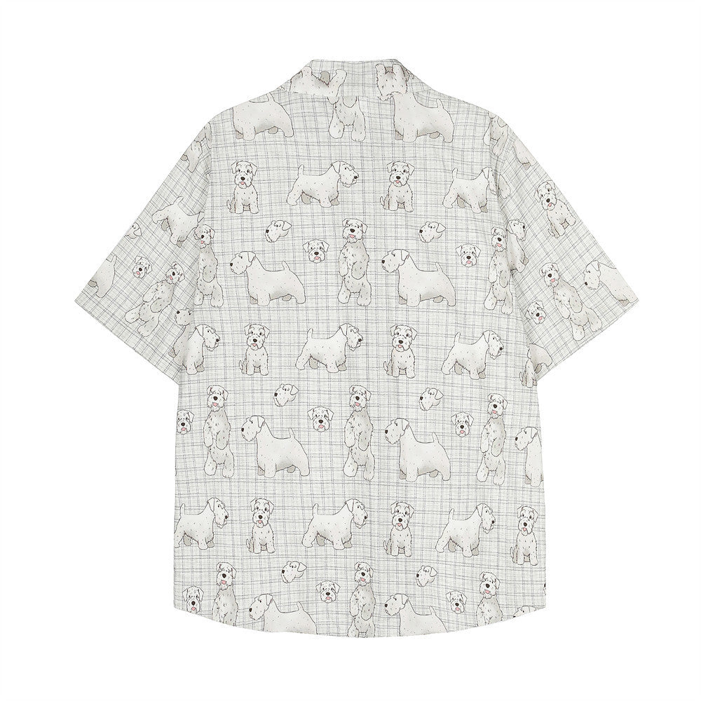 Digital Full Print Cartoon Dog Plaid Short Sleeve Shirt Loose Casual Turn-Down Collar Summer Shirt for Men