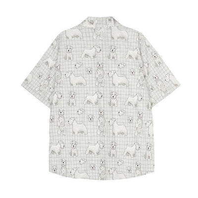 Digital Full Print Cartoon Dog Plaid Short Sleeve Shirt Loose Casual Turn-Down Collar Summer Shirt for Men