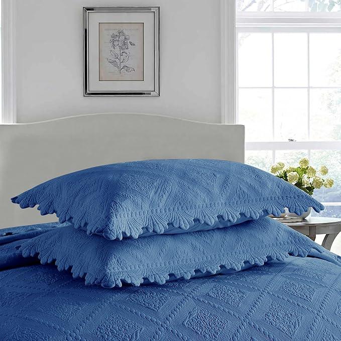 MarCielo 3-Piece 100% Cotton Oversized Bedspread Lightweight Quilt Coverlet Embroidery Farmhouse Bedding Set (Tk Midtone Blue, Oversized King (118
