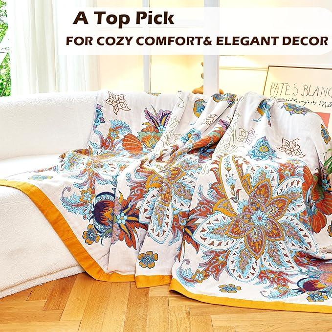 Boho Throw Blanket, 100% Organic Cotton Breathable Ultra Soft Bed Quilt Throw - All Season Floral Bird Butterfly Farmhouse Decor Blanket for Sofa Couch Chair and Gift. 50