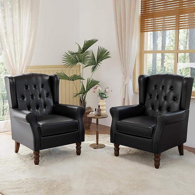 High Back Accent Chairs Set of 2,Upholstered Faux Leather Wingback Armchairs with Solid Wood Legs for Small Spaces,Comfy Single Sofa Chairs for Living Room,Bedroom-Carbon Black