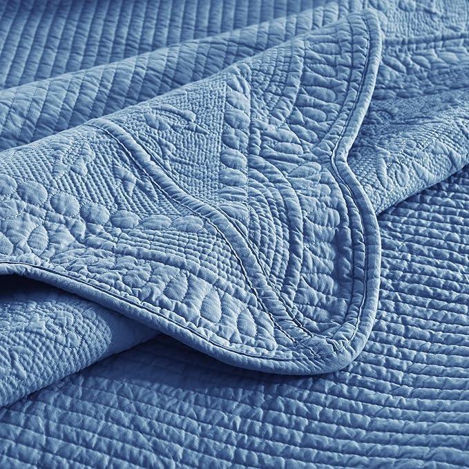 MarCielo 3-Piece 100% Cotton Oversized Bedspread Lightweight Quilt Coverlet Embroidery Farmhouse Bedding Set (TG Midtone Blue, Oversized Queen (100