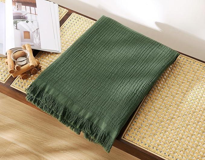 100% Cotton Muslin Throw Blanket for Bed, Couch, Small, Decorative, Soft, Pre-Washed, Breathable and Lightweight Gauze Blanket with Tassels, Suitable for All Seasons, Olive Green, 50