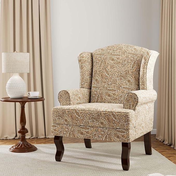 Accent Chair, High Back Upholstered Armchair with High Resilience Sponge & Wood Legs, Mid-Century Modern Comfy Single Sofa Reading Chairs for Living Room, Bedroom (Floral Light Brown, Set of 1)