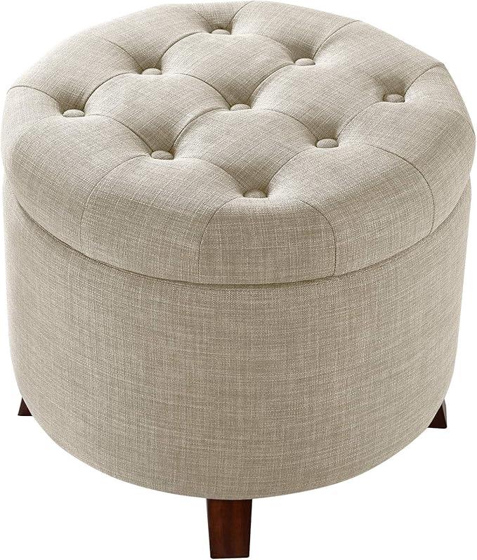 Amazon Basics Round Linen Ottoman with Storage, Tufted Upholstered Footstool for Living Room and Bedroom, 20