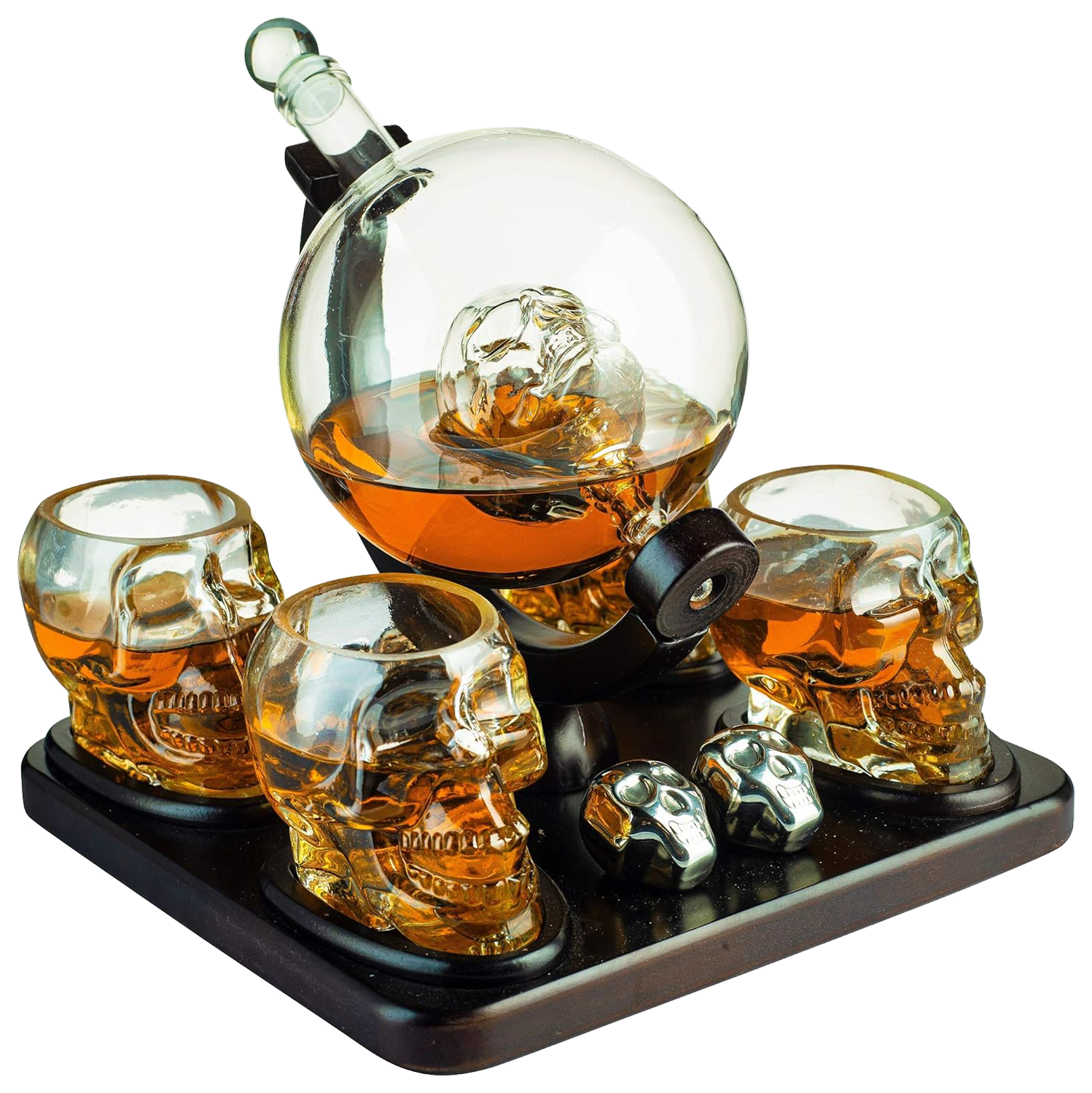 Skull Skeleton Wine & Whiskey Globe Decanter Set 850 mL With 4 Skull Head 3oz Skeletons Shot Glasses And Skull Chillers Wooden Base Decor Glass Goth Spooky Drinking Glassware The Wine Savant