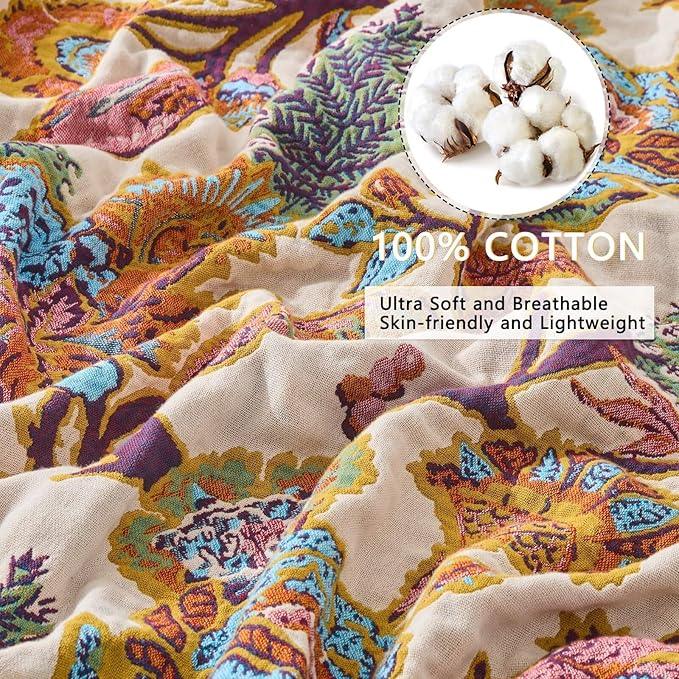 100% Muslin Throw Blanket for Couch, Butterfly and Floral Double Embroidery Fall Throw Blanket 60