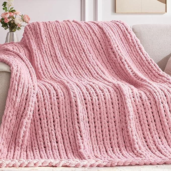 Chunky Knit Throw Blanket, 60''*80'' Knitted Throw Chenille Yarn for Bed Couch, Handmade Light Pink Crochet Big Thick Blanket, Machine Washable Cute Comfy Blanket for Home Decor